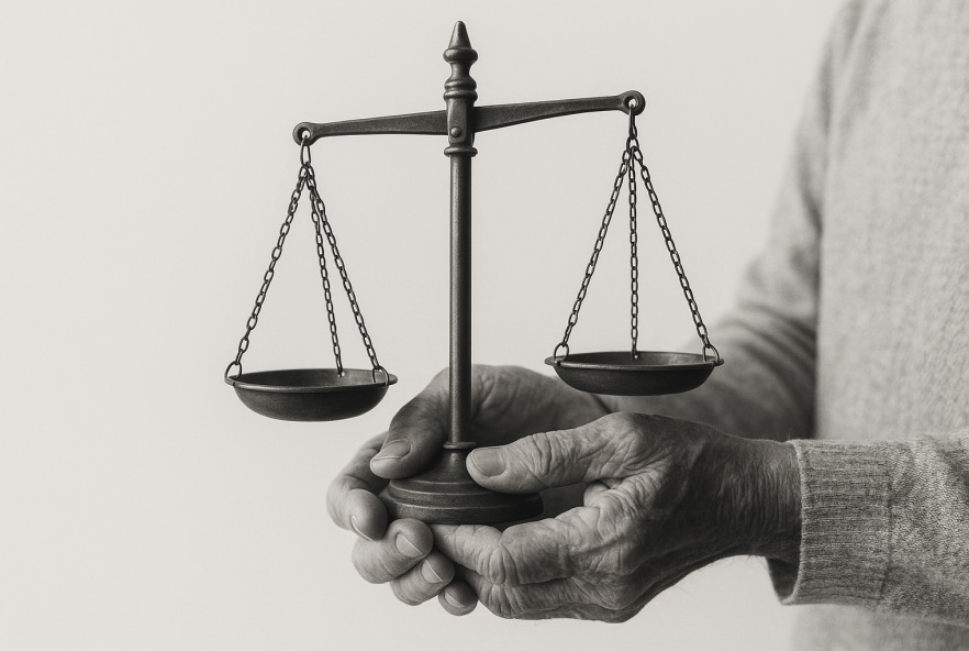 Scales of justice and senior hands